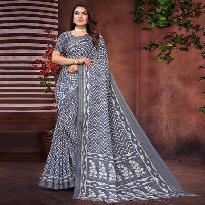 Grey Printed Linen Saree