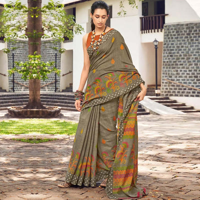 Grey Printed Linen Saree