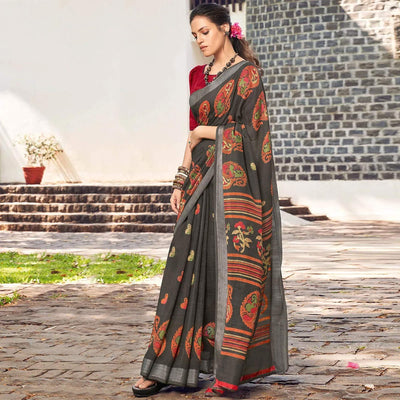 Grey Printed Linen Saree