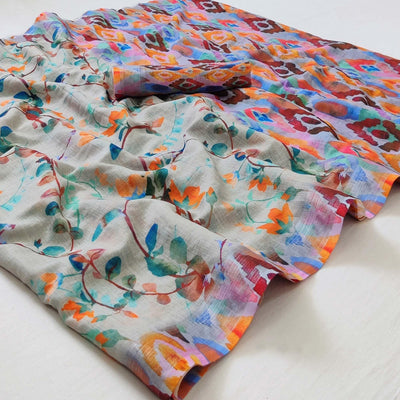 Grey Printed Linen Saree