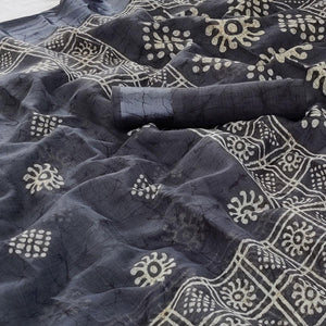 Grey Printed Linen Saree