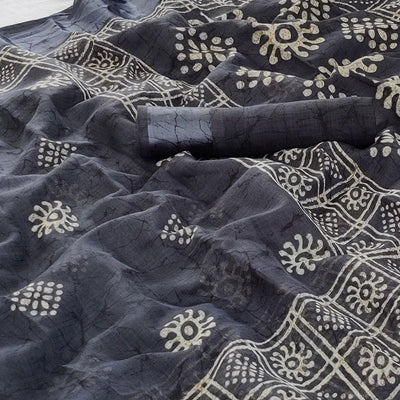 Grey Printed Linen Saree