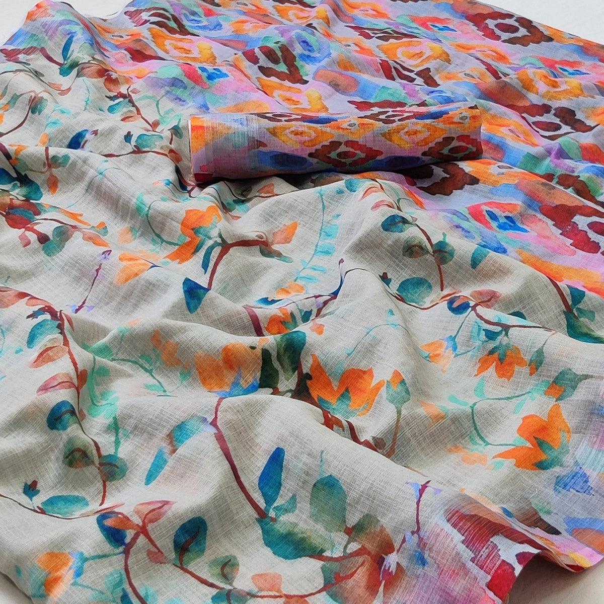 Grey Printed Linen Saree