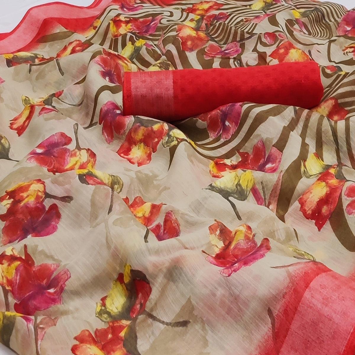 Grey Printed Linen Saree