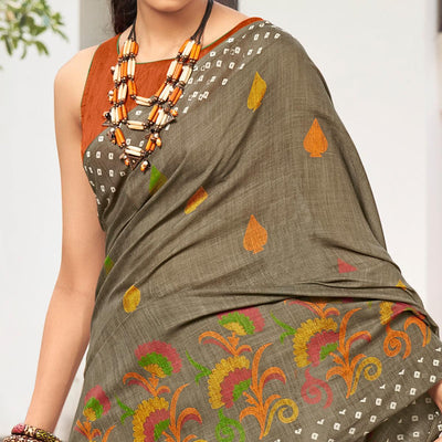 Grey Printed Linen Saree