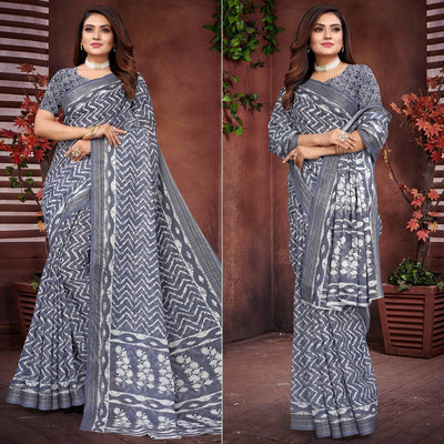 Grey Printed Linen Saree