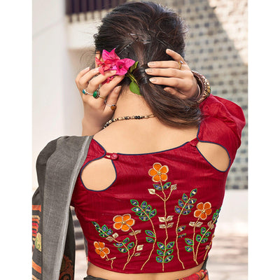 Grey Printed Linen Saree