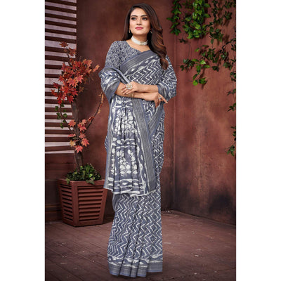 Grey Printed Linen Saree