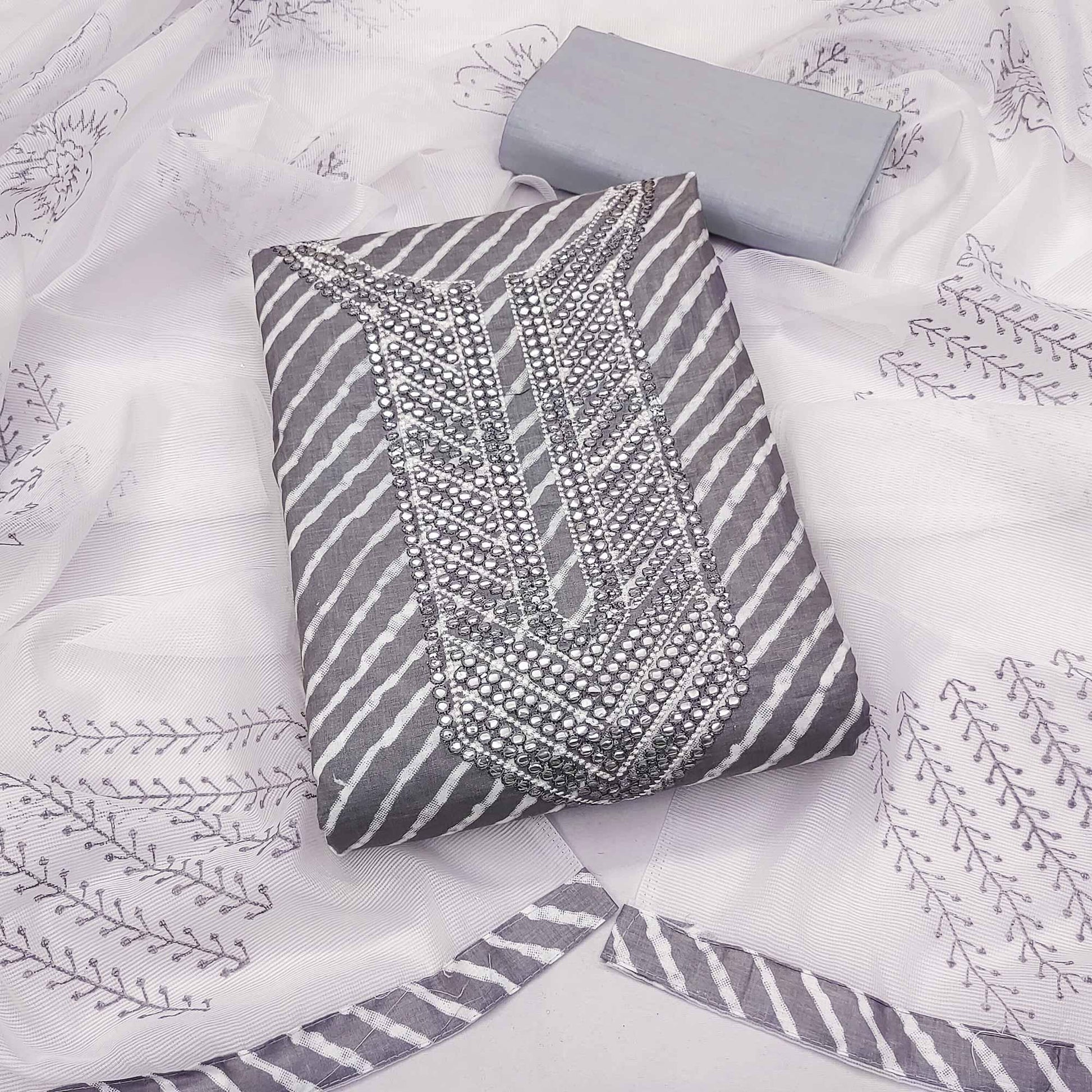 Grey Printed-Mirror Work Pure Cotton Dress Material