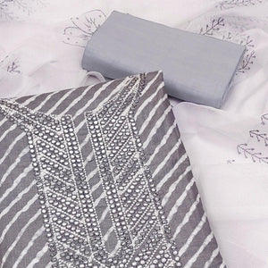 Grey Printed-Mirror Work Pure Cotton Dress Material