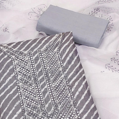 Grey Printed-Mirror Work Pure Cotton Dress Material