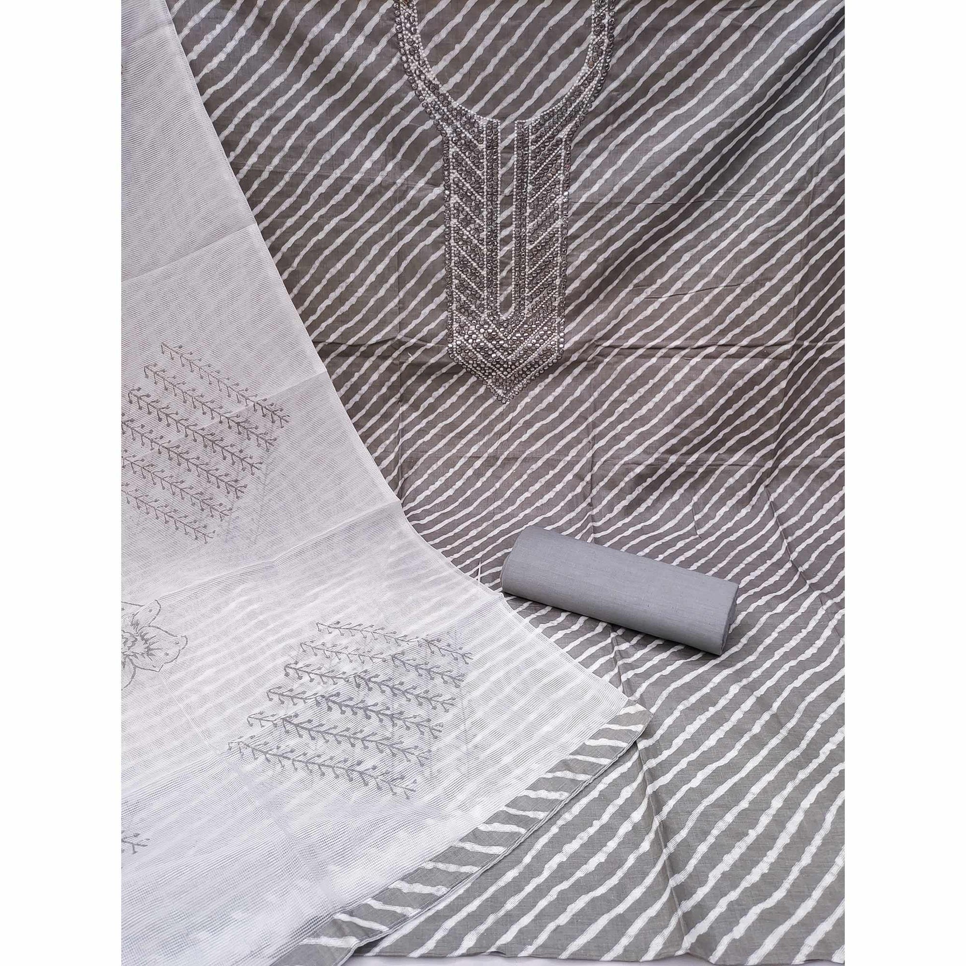 Grey Printed-Mirror Work Pure Cotton Dress Material