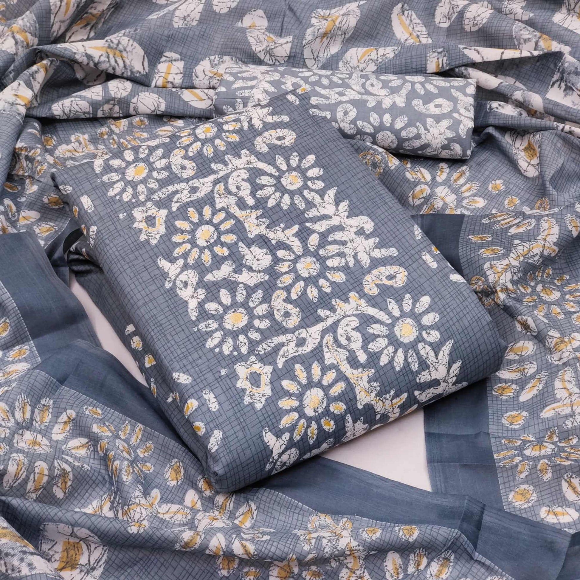 Grey Printed Cotton Blend Dress Material