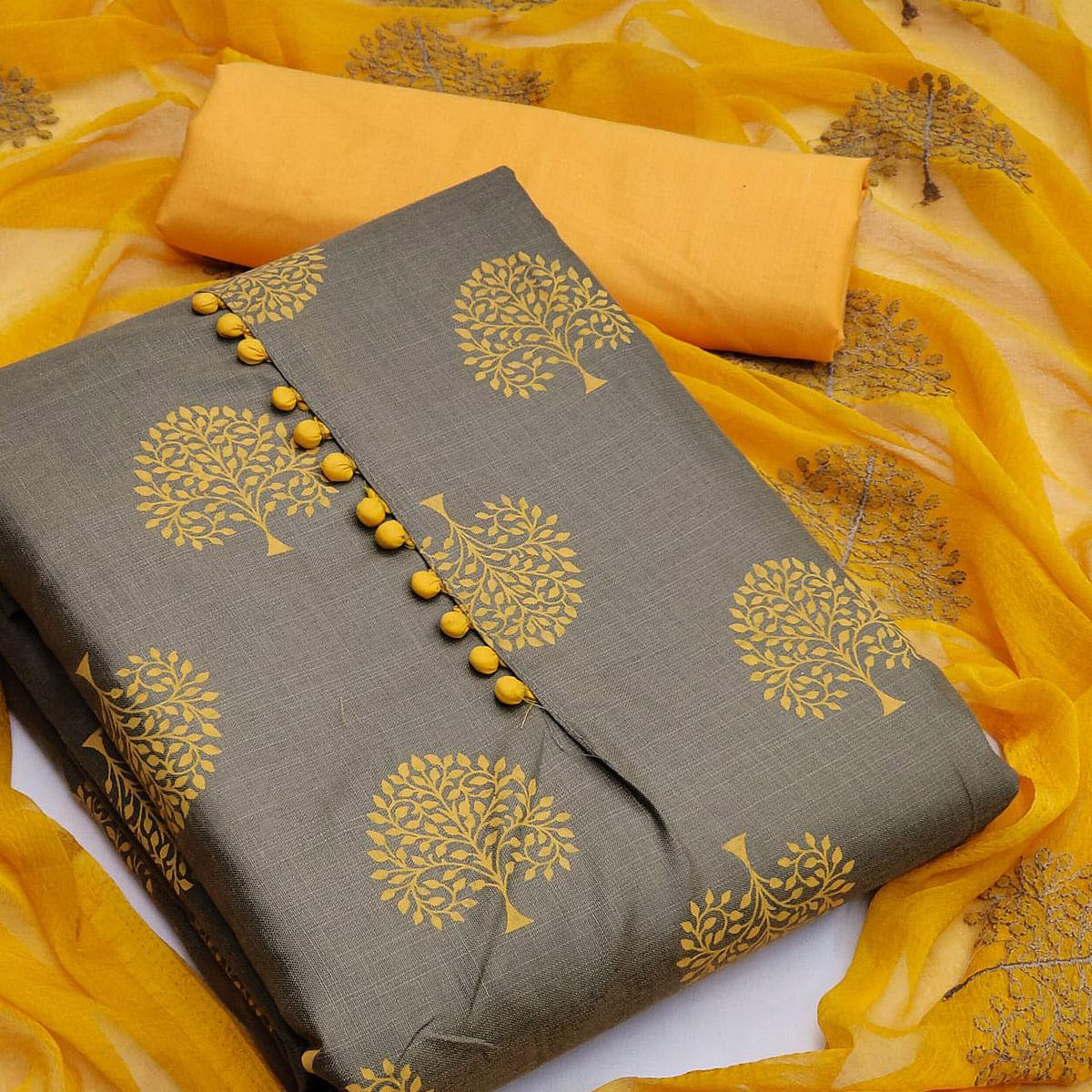 Grey Printed Cotton Blend Dress Material