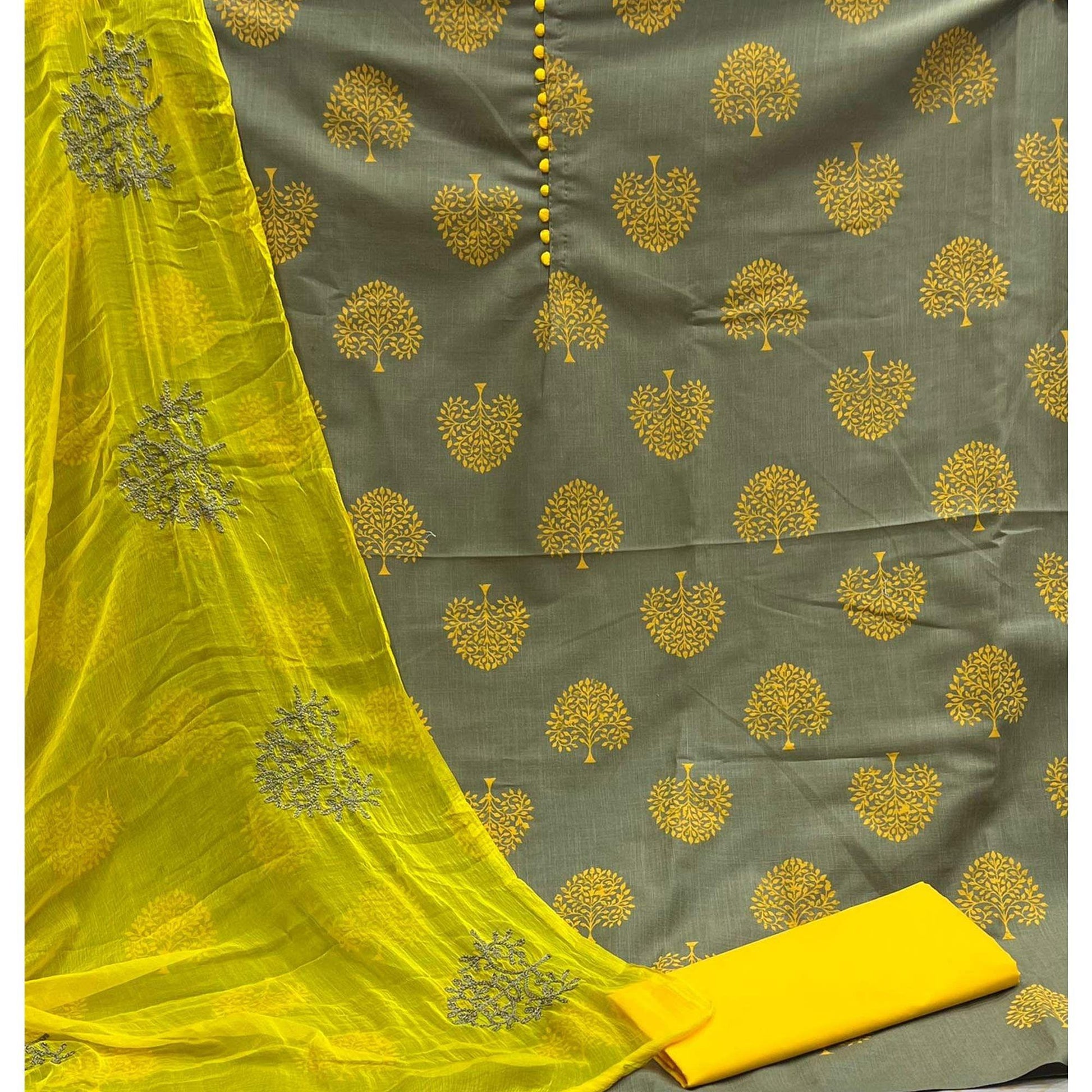 Grey Printed Cotton Blend Dress Material