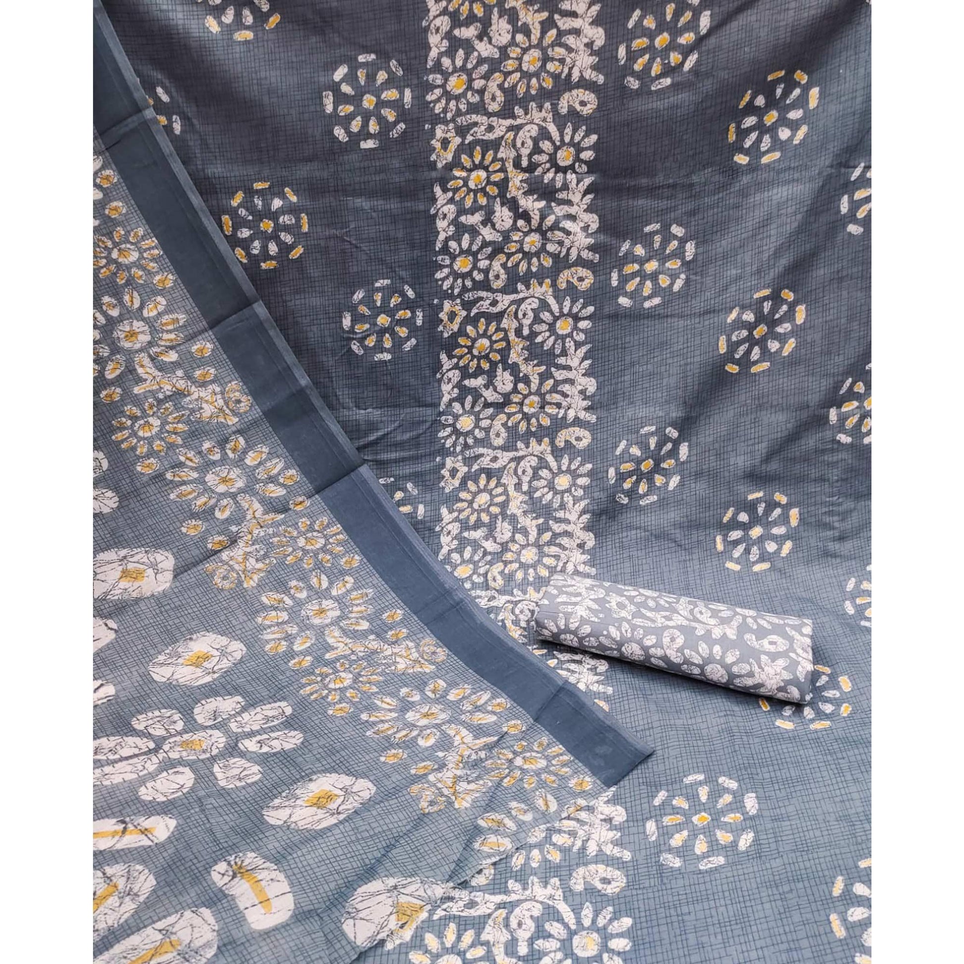 Grey Printed Cotton Blend Dress Material