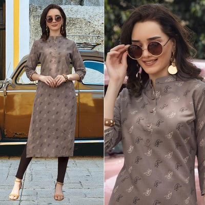 Grey Printed Cotton Blend Kurti