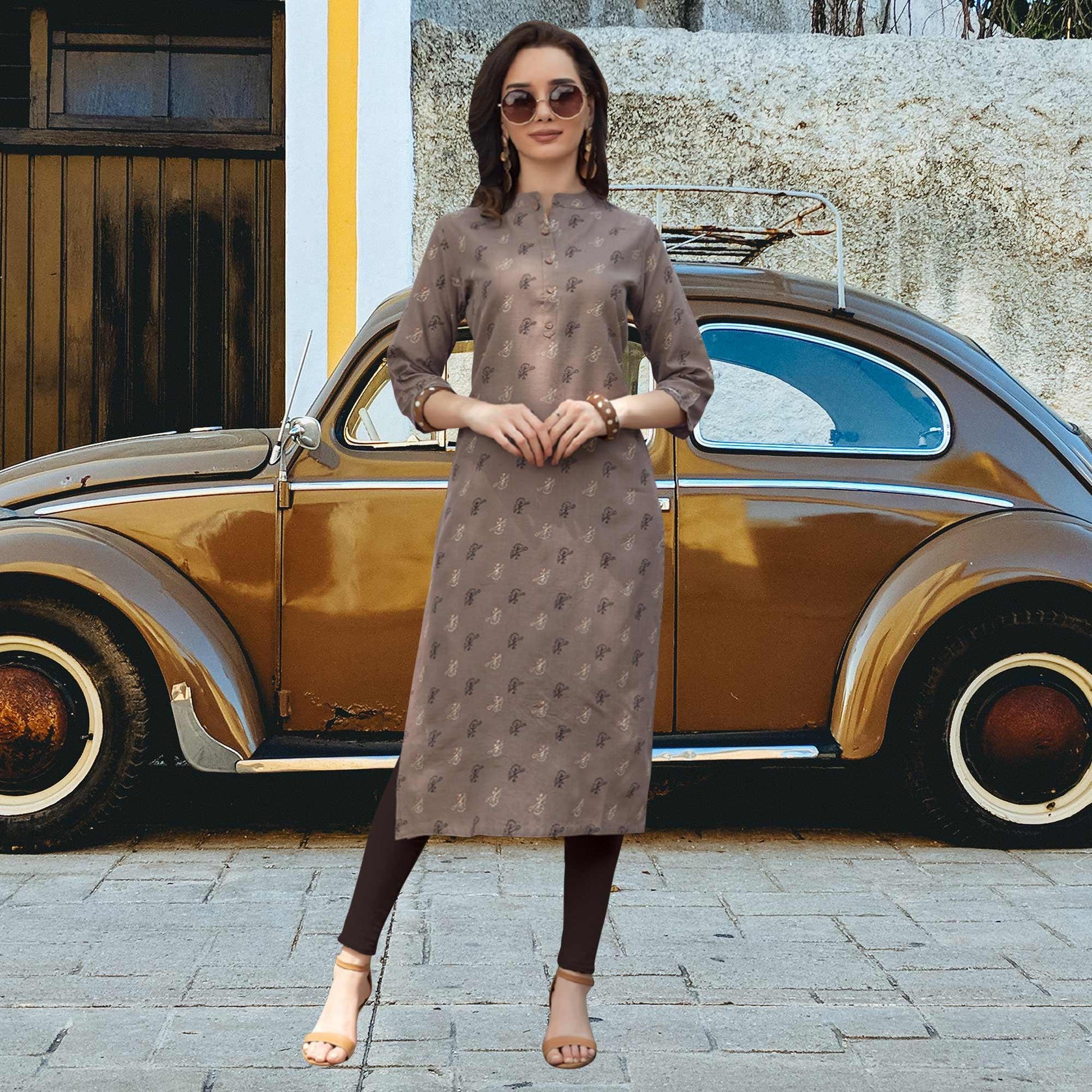 Grey Printed Cotton Blend Kurti