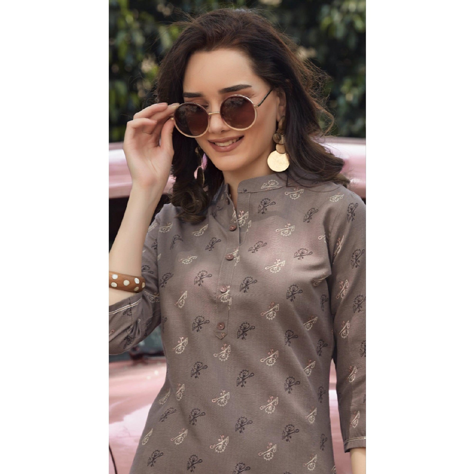 Grey Printed Cotton Blend Kurti