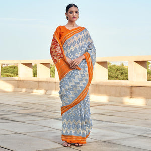 Grey Printed Cotton Blend Saree