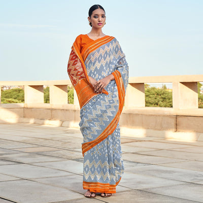 Grey Printed Cotton Blend Saree
