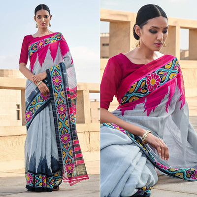 Grey Printed Cotton Blend Saree