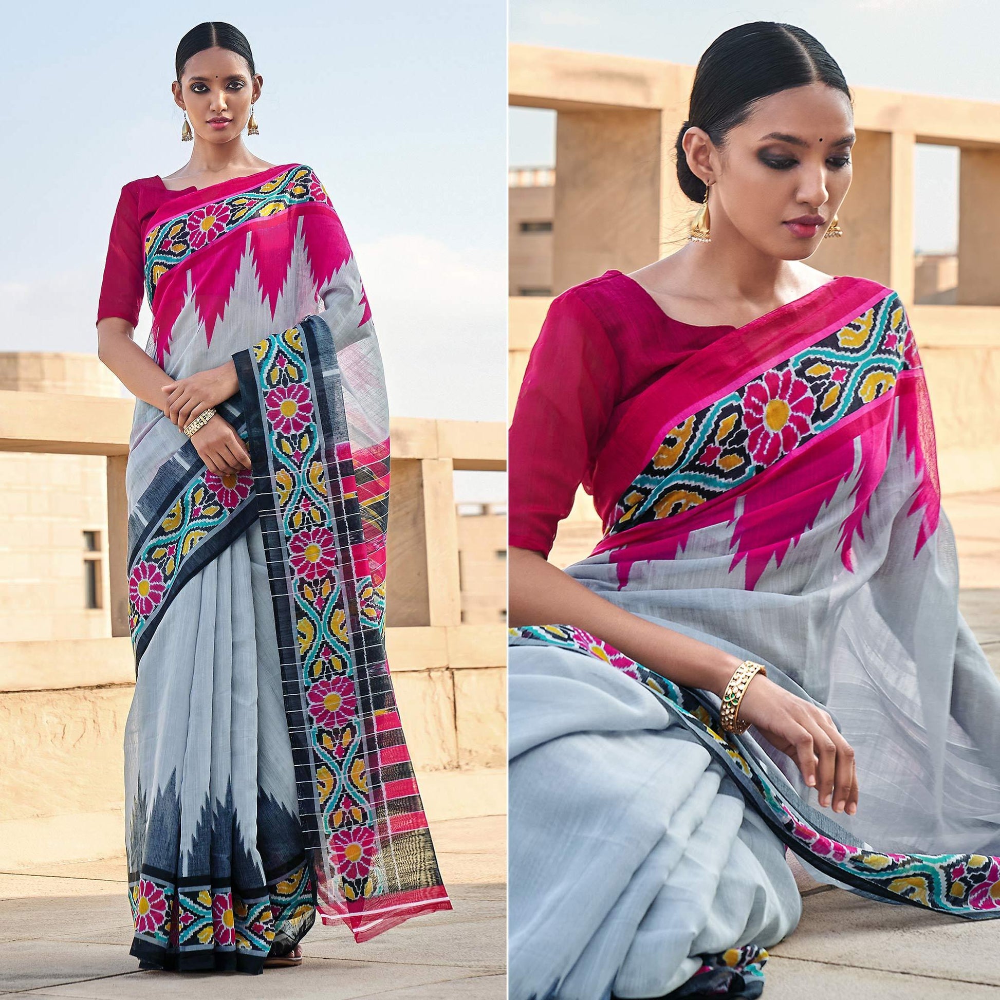 Grey Printed Cotton Blend Saree