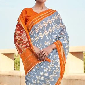 Grey Printed Cotton Blend Saree