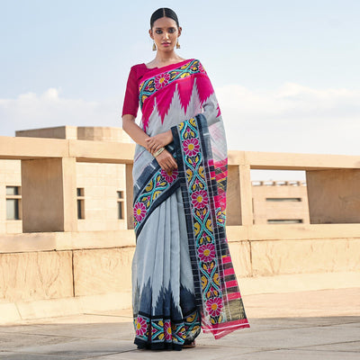 Grey Printed Cotton Blend Saree