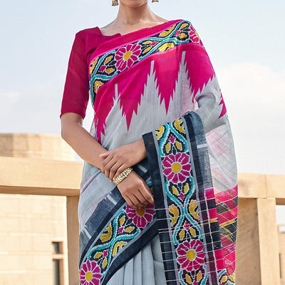 Grey Printed Cotton Blend Saree