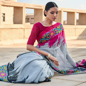 Grey Printed Cotton Blend Saree
