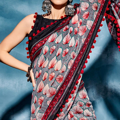 Grey Printed Cotton Blend Saree With Pumpum Lace