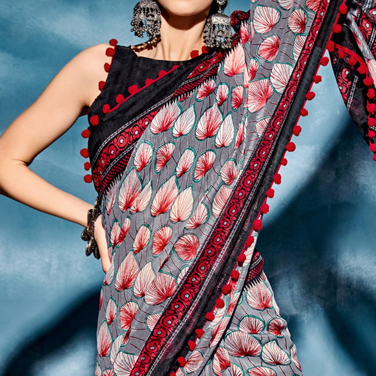 Grey Printed Cotton Blend Saree With Pumpum Lace