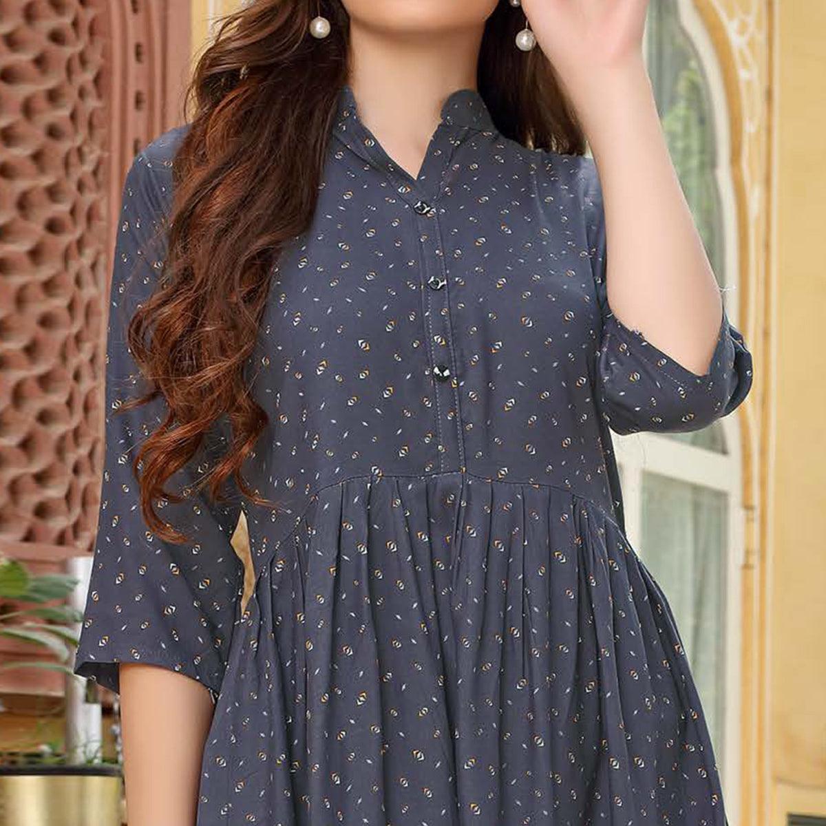 Grey Printed Cotton Blend Top