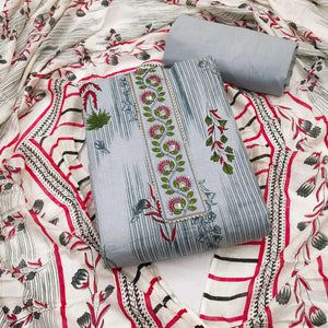 Grey Printed Pure Cotton Dress Material