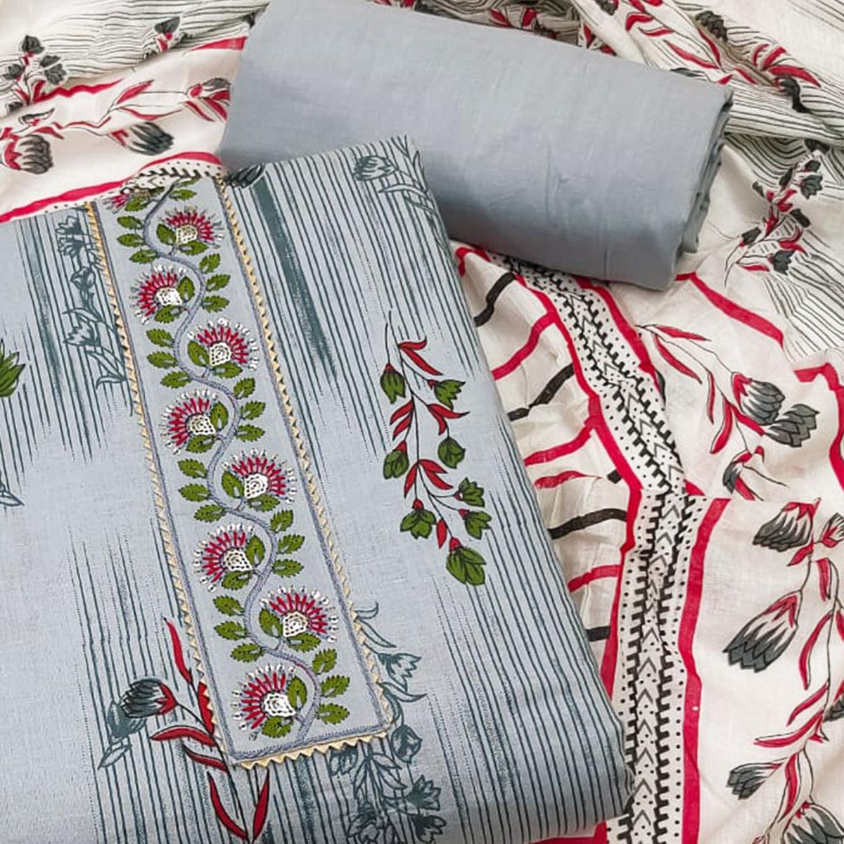 Grey Printed Pure Cotton Dress Material