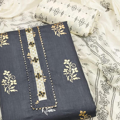 Grey Printed Pure Cotton Dress Material