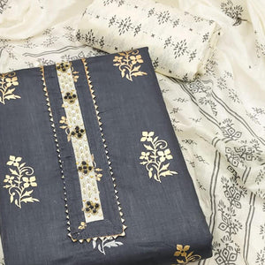 Grey Printed Pure Cotton Dress Material