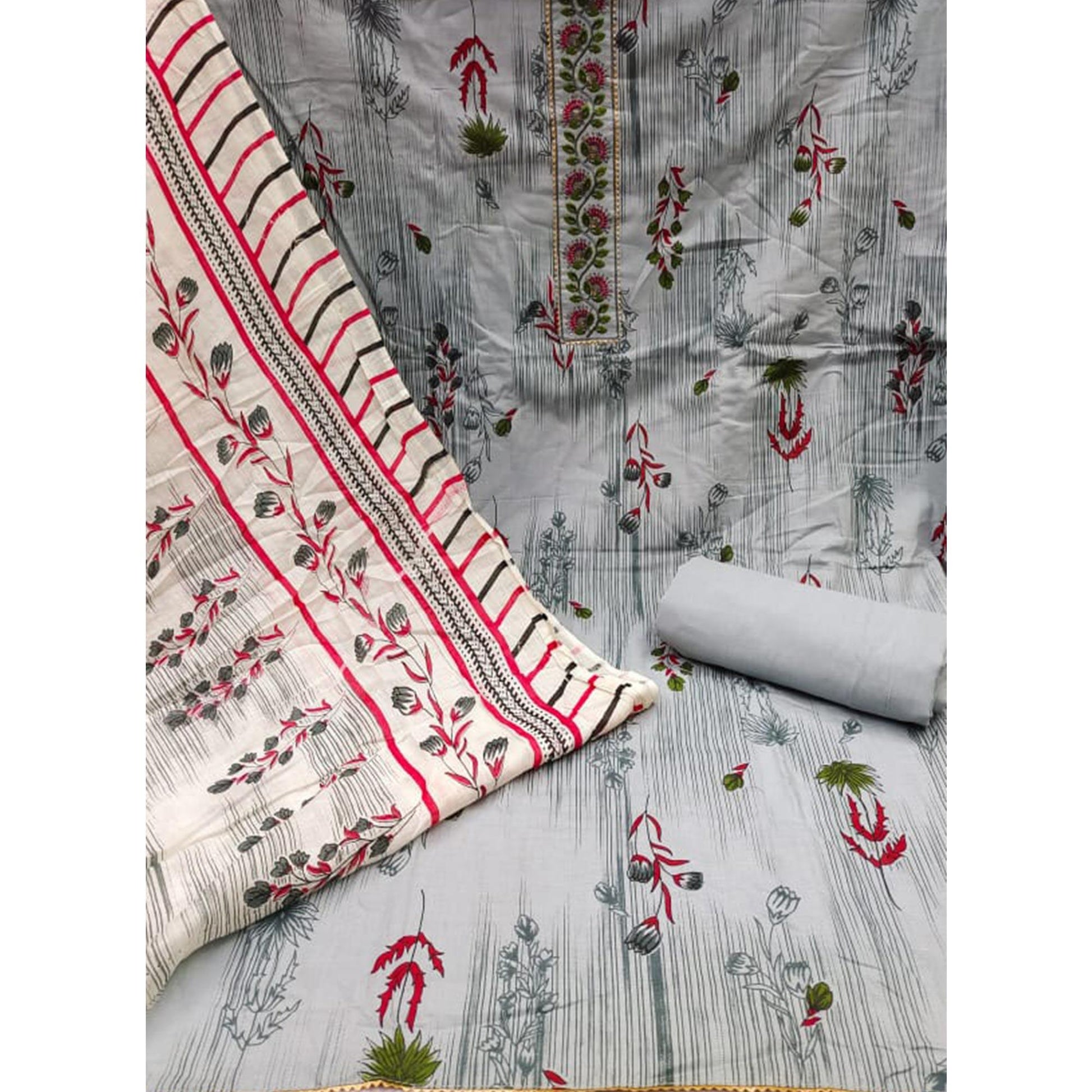 Grey Printed Pure Cotton Dress Material