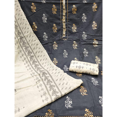 Grey Printed Pure Cotton Dress Material