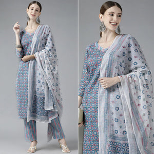 Grey Printed Pure Cotton Kurti Pant Set with Dupatta