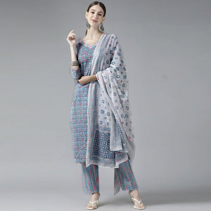 Grey Printed Pure Cotton Kurti Pant Set with Dupatta