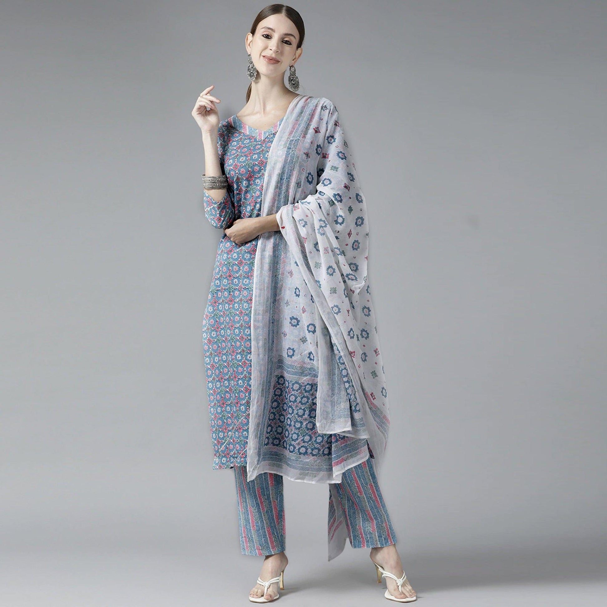 Grey Printed Pure Cotton Kurti Pant Set with Dupatta