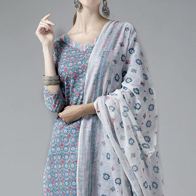 Grey Printed Pure Cotton Kurti Pant Set with Dupatta