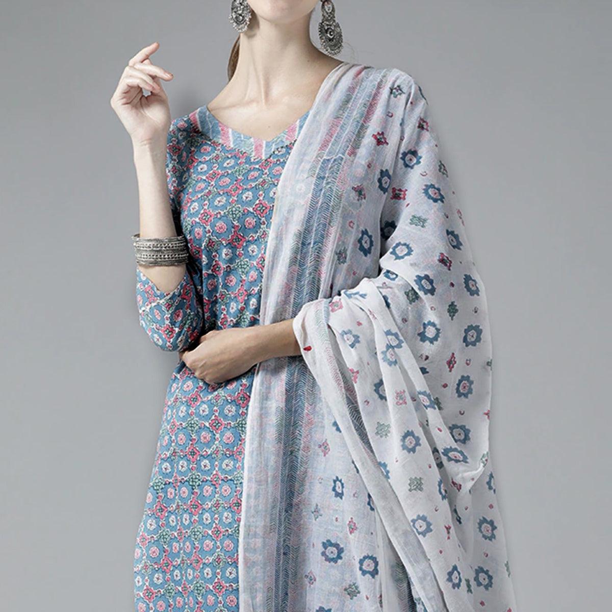 Grey Printed Pure Cotton Kurti Pant Set with Dupatta