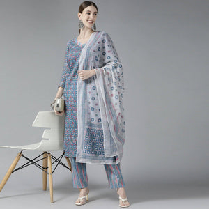 Grey Printed Pure Cotton Kurti Pant Set with Dupatta