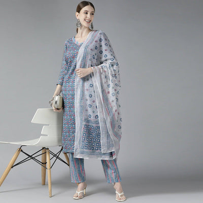 Grey Printed Pure Cotton Kurti Pant Set with Dupatta