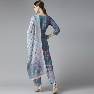 Grey Printed Pure Cotton Kurti Pant Set with Dupatta