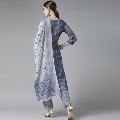 Grey Printed Pure Cotton Kurti Pant Set with Dupatta