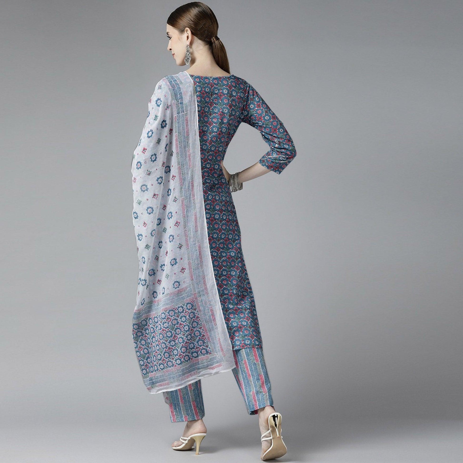 Grey Printed Pure Cotton Kurti Pant Set with Dupatta